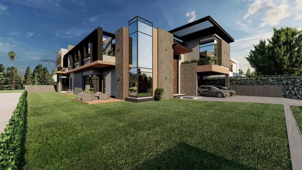 Modern residential house exterior with contemporary architectural design, large glass windows, and a lush green lawn.
