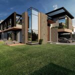 Modern residential house exterior with contemporary architectural design, large glass windows, and a lush green lawn.